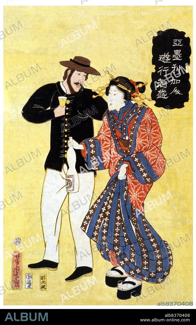 Japanese woodblock print showing an American man holding a glass and a Japanese prostitute holding a bottle.<br/><br/>. Utagawa Yoshitora was a designer of <i>ukiyo-e</i> Japanese woodblock prints and an illustrator of books and newspapers who was active from about 1850 to about 1880. He was born in Edo (modern Tokyo), but neither his date of birth nor date of death is known. He was the oldest pupil of Utagawa Kuniyoshi who excelled in prints of warriors, kabuki actors, beautiful women, and foreigners (<i>Yokohama-e</i>).
