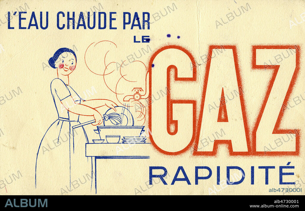 'L'eau chaude par le gaz. Rapidite'. Une femme fait la vaisselle. Buvard publicitaire vers 1935. Credit : Collection KHARBINE-TAPABOR.
