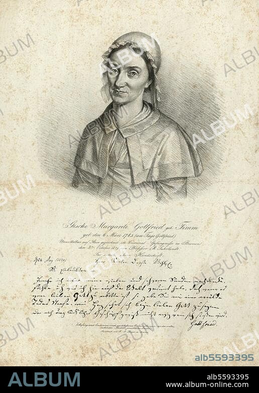 Gottfried, Gesche Margarete, geb. Timm. Giftmischerin, Serienmörderin; Bremen 6.3.1785 - ebenda 21.4.1831 (enthauptet, letzte öffentliche Hinrichtung in Bremen). Porträt. Lithographie, 1829, von Rudolph Suhrlandt (1781-1862). (Gezeichnet im Kriminalgefängnis Bremen am 3. Oktober 1829). Berlin, Sammlung Archiv für Kunst und Geschichte.