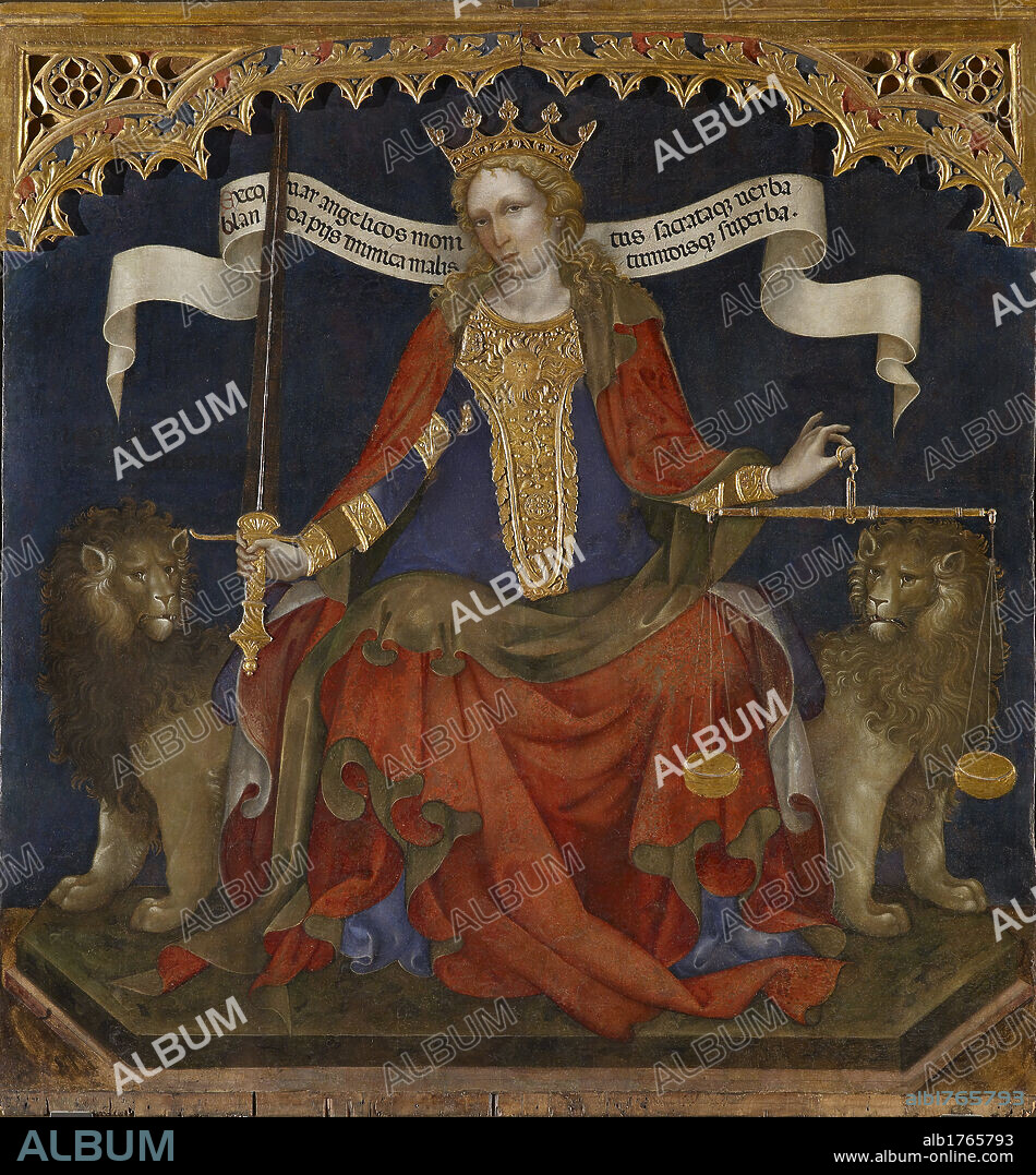 Justice between the Archangels Michael and Gabriel, by Jacobello del Fiore, 1421 about, 15th Century, gilded pastiglia decorations on panel, cm 208 x 133 left side, 208 x 163 right side. Italy, Veneto, Venice, Accademia Art Galleries. Detail. Woman justice crown sword scale cartouche scroll lions red gold blue, Photographic Campaign 2010. Authorization required for non editorial use.