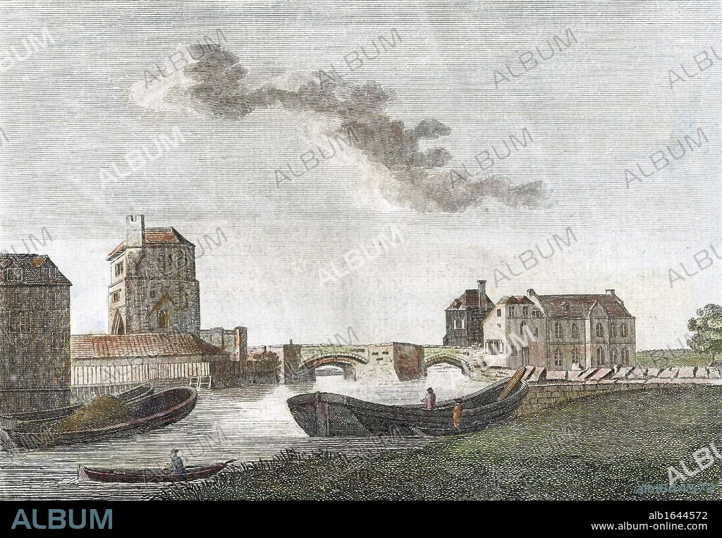 Roger Bacon (c1214-1292) English experimental scientist, philosopher and Franciscan (Grey Friar). Known as 'Doctor Mirabilis'. Tower of Franciscan friary, Oxford, left of bridge, where Bacon had his study. Hand-coloured copperplate engraving, 1788.
