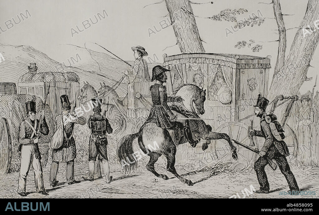 Guerra de la Independencia Española (1808-1814). Sorpresa de Arlabán (1811). Enfrentamiento que tuvo lugar el 25 de mayo de 1811 en las montañas cercanas al Puerto de Arlabán, que separa las provincias de Alava y Guipúzcoa. A primeras horas de la mañana, guerrilleros españoles liderados por Francisco Espoz y Mina, capturaron parte de un convoy de prisioneros que era escoltado por un fuerte contingente militar al mando del coronel Laffitte. Tras siete horas de combate, los franceses se rindieron, capturando los españoles armas y suministros, liberando a más de mil prisioneros españoles, portugueses y británicos. El convoy fué llamado"El convoy de los ingleses"dado que la mayoría de prisioneros eran británicos. Esta acción constituyó la última acción de combate de Espoz y Mina como jefe de las guerrillas en la zona de Navarra. El 5 de junio de 1811 sus fuerzas"División de Navarra"quedaron integradas en el ejército regular, si bien continuó al mando de ellas contra los franceses. Espoz y Mina en Arlabán. Grabado. Ilustración por Francisco Pérez. Historia de Levantamiento, Guerra y Revolución de España, por el Conde de Toreno. Madrid,1851.