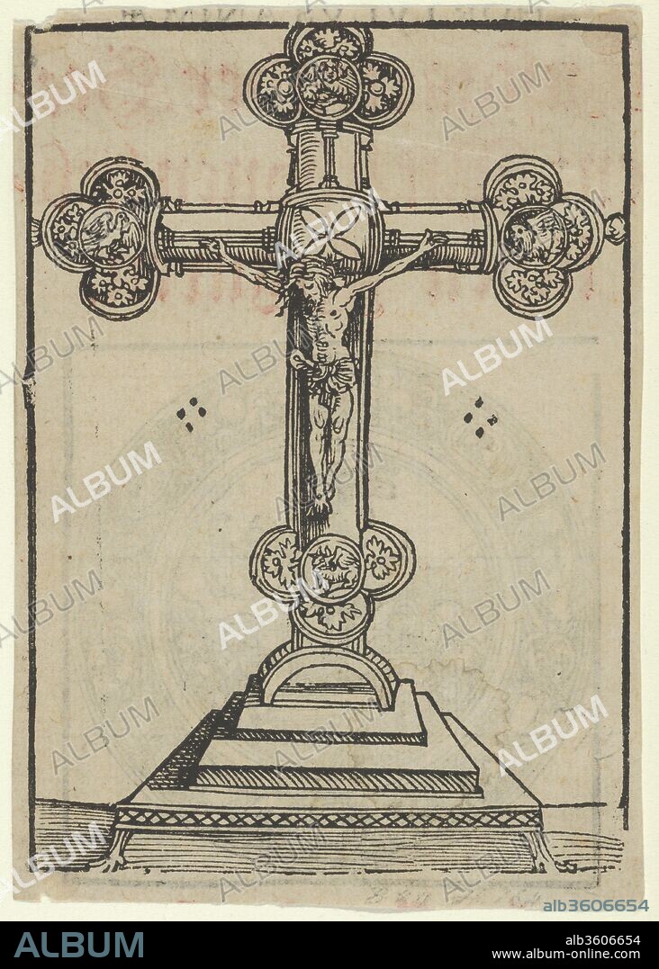 LUCAS CRANACH L'ANCIEN. A Silver-Gilt Cross with Christ Crucified, from the Wittenberg Reliquaries. Artist: Lucas Cranach the Elder (German, Kronach 1472-1553 Weimar). Dimensions: Sheet: 5 7/16 × 3 7/8 in. (13.8 × 9.8 cm). Series/Portfolio: Wittenberg Reliquaries; Hortulus Animae.
Cut out of a book. Cut printed text on verso. In the illustrated Bartsch the print is shown with the letters I N R L printed accross the top, the Metropolitan Museum of Art's impression has been cut and does not display these letters.
