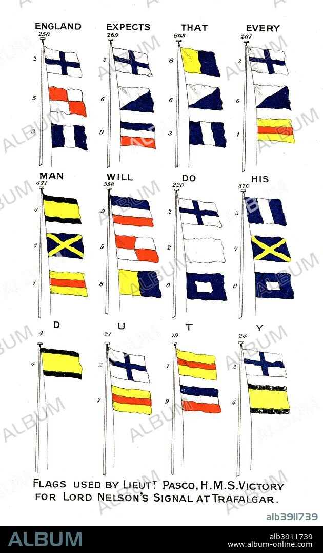 Flags used for Nelson's famous signal at the Battle of Trafalgar, 1805. The flags used by Lieutenant Pasco aboard HMS 'Victory' to send the message England expects that every man will do his duty.