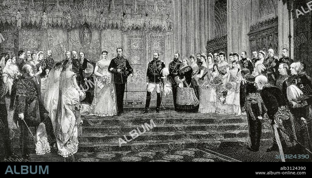 Victoria I (1819-1901), Queen of the United Kingdom of Great Britain and Ireland (1837-1901) and Empress of India,  (1876-1901), at the wedding of the Prince Leopold, Duke of Albany with the Princess Helena of Waldeck Pyrmont, April 27, 1882. Engraving by A. Closs from the painting of Sir James D. Linton. Almanaque de La Ilustracio_n, 1880.