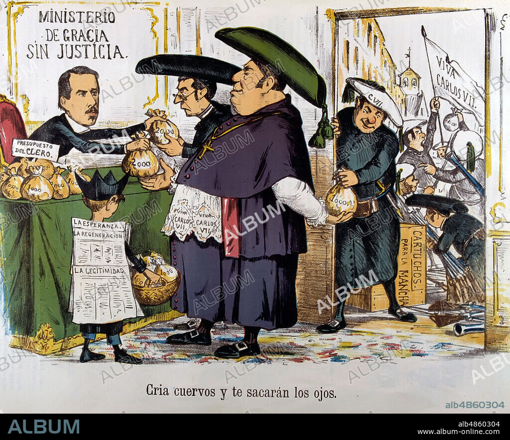ISABEL II. REINA DE ESPAÑA. MADRID 1830-1904. CARICATURA DE LA REVISTA "LA FLACA" QUE IRONIZA SOBRE EL CLERO PARTIDARIO DEL CANDIDATO A SU SUCESION CARLOS VII. CRIA CUERVOS Y TE SACARAN LOS OJOS.