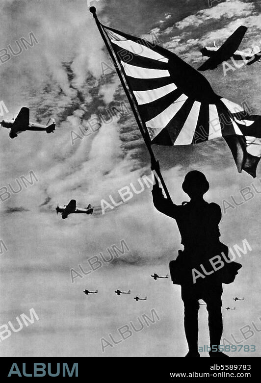 2. Weltkrieg / Japan 1941-45. Japanischer Fahnenträger, im Hintergrund ein Geschwader japanischer Kampfflugzeuge. Foto, um 1941. (Kalenderblatt, Dezember 1942). Berlin, Sammlung Archiv für Kunst und Geschichte.