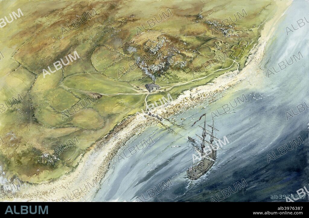 PETER DUNN. St Helen's Quarantine Station, Isles of Scilly, c1764, (c1990-2010). Aerial view reconstruction drawing of St Helen's Quarantine Station c1764. An isolation hospital used to quarantine sailors with plague.