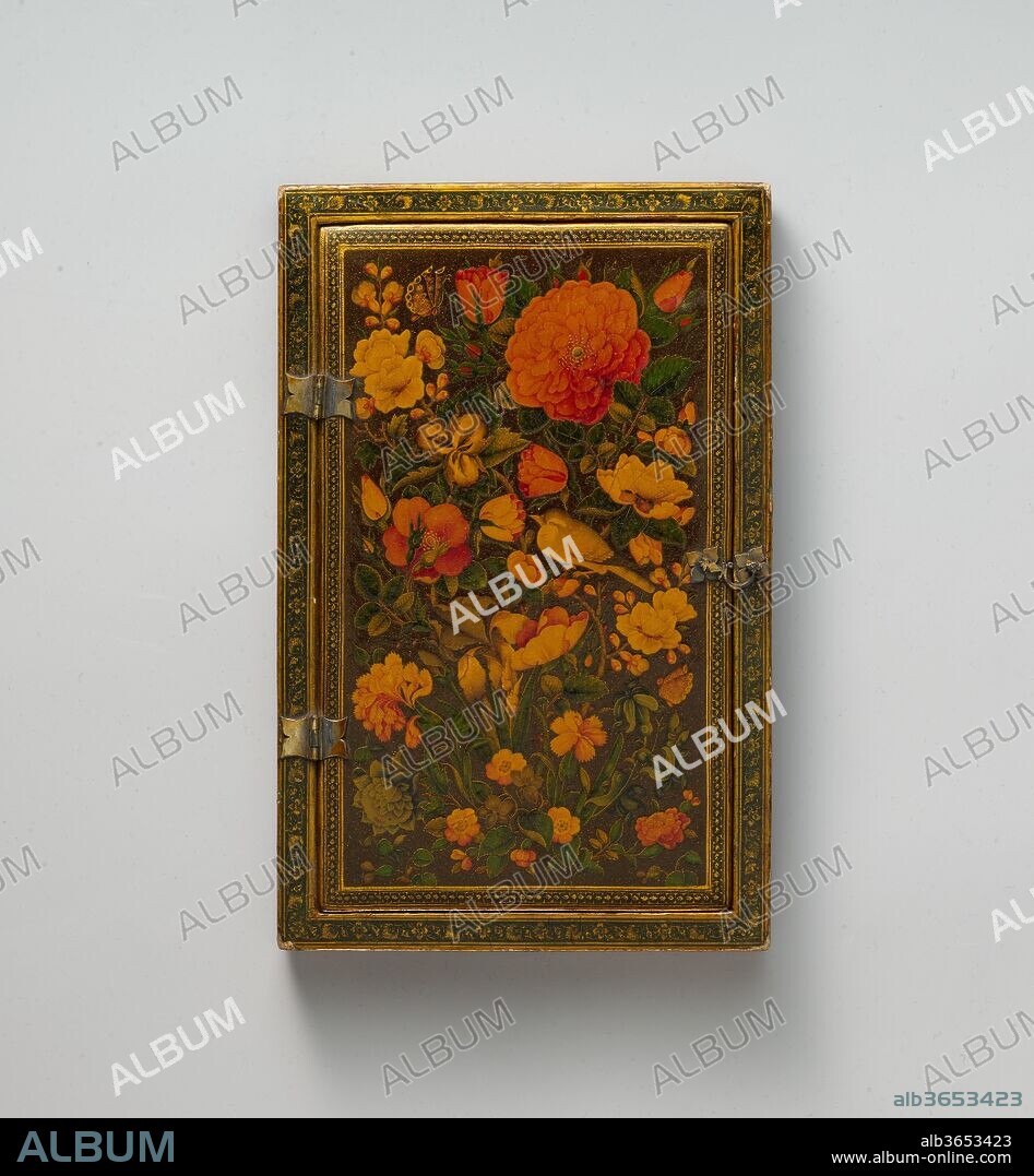 Mirror Case. Artist: Painting by Zain al-'Abidin. Dimensions: Ht. 9 1/4 in.(23.5 cm)
W. 5 5/16 in. (13.5 cm). Date: A.H. 1206/ A.D. 1844-45.
During the 18th and 19th centuries Iran witnessed a proliferation in the production of a wide array of lacquer objects. Regarded as desirable possessions and status symbols, painted lacquerwares were commissioned by royal and elite patrons, sold commercially and exported abroad in quantity. Lacquer painters took great pride in their individual styles, which they demonstrated by signing and dating their works. This one has been created by an artist who signed his work "Ya Zayn al-`Abidin" and dated it "sana 1206" (the year A.D. 1844-1845.)
This mirror case is ornamented on the front and back with the gul-u-bulbul (bird-and-flower) design, wherein a nightingale sits in the midst of lush foliage. The inside of the shutter contains a spectacular painting of small flowers grouped around a large iris, with a butterfly in the upper right corner. This painting is the most outstanding of the three painted surfaces.