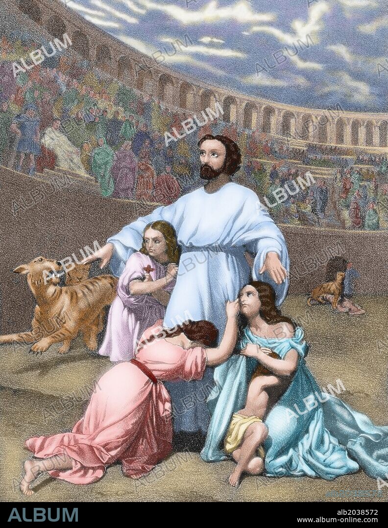 The Diocletianic Persecution or Great Persecution (303 AD). Emperor Diocletian ordered the closing of churches and confiscation of holy books. Faced with opposition from the faithful, began a persecution of Christianity. Christian delivered to the beasts after the Edict of Diocletian. Colored engraving.