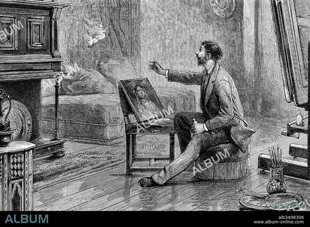 Engraving depicting a case of spontaneous combustion. An artist was rubbing a freshly varnished painting with a pad of cotton. When he threw the cotton away it burst into flames. Dated 19th Century.