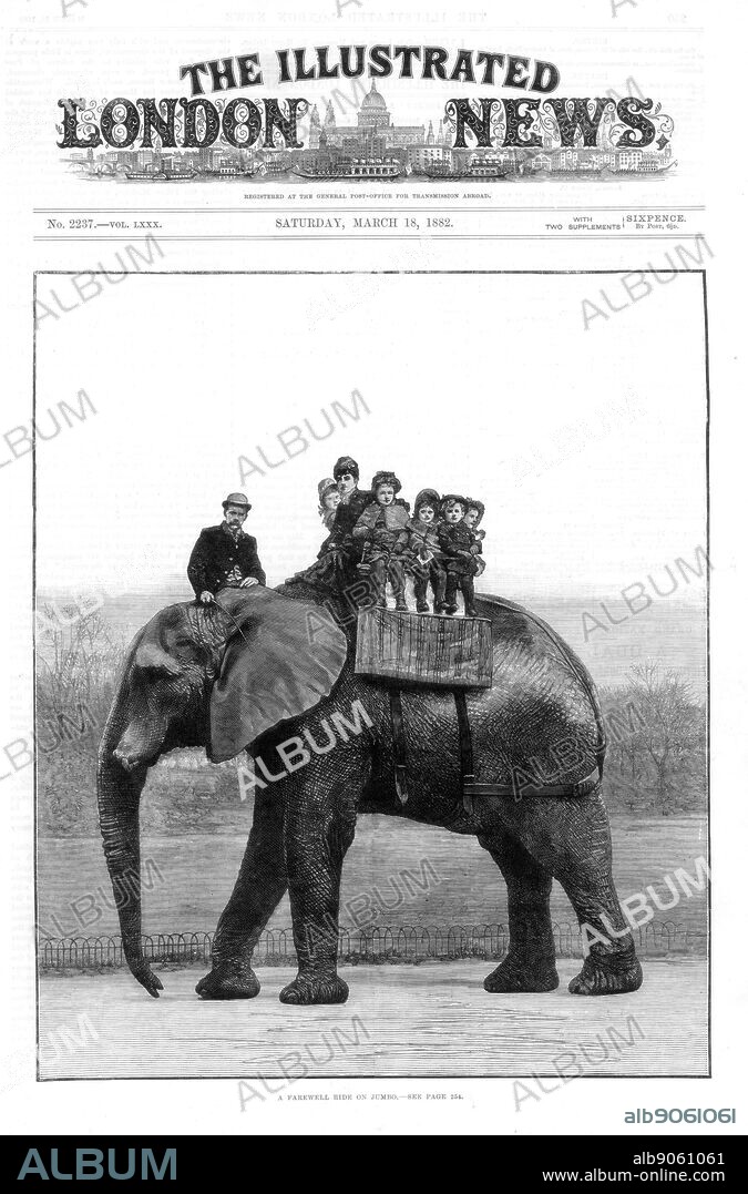 A Farewell Ride on Jumbo' at the Zoo. This large African elephant was sold by London Zoo in 1882 to the American showman Phineas Taylor Barnum (1810-1891) for his circus which became known as the 'Greatest Show on Earth'. From 'The Illustrated London News' (London, 18 March 1882). Wood engraving.
