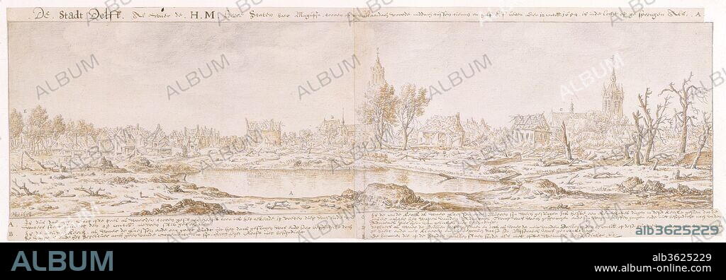 View of Delft after the Explosion of the Gunpowder Arsenal on October 12, 1654. Artist: Herman Saftleven II (Dutch, Rotterdam 1609-1685 Utrecht). Dimensions: sheet: 9 13/16 x 29 1/2 in. (24.9 x 74.9 cm). Date: 17th century.
