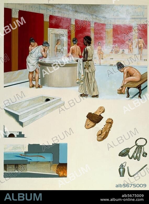 Pompéi (Italie), thermes de Stabies (2e siècle av. J.-C). Bains pour femmes (reconstitution) : scène dans les thermes ; vue  et coupe des thermes (milieu à gauche), fonctionnement de l'échauffement d'eau par l'hypocauste (en bas à gauche) ; à droite : pots d'onguent, strigile et semelles de bois. Aquarelle de Peter Connolly. (né en 1935).