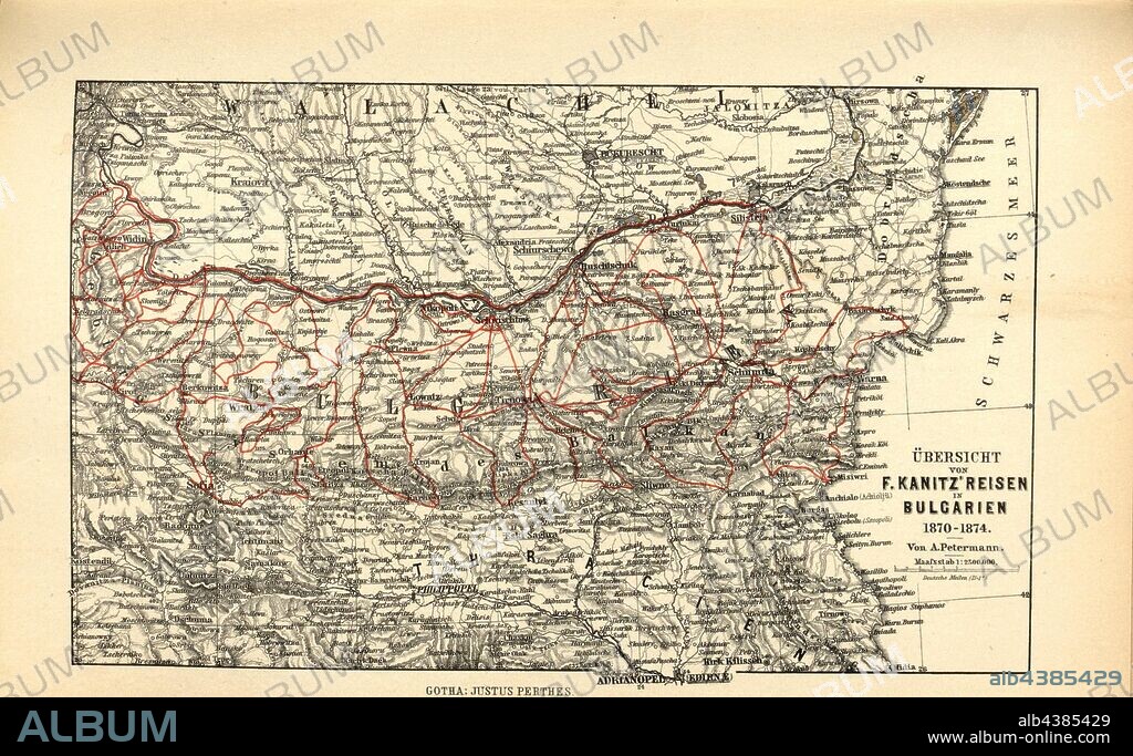 Overview of F. Kranitz's Travels in Bulgaria 1870-1874, Map of the itinerary of Felix Philipp Kanitz in Bulgaria, Fig. 41, after p. 269, Petermann, August (fec.), 1879, F. Kanitz: Donau-Bulgarien und der Balkan: historisch-geographisch-ethnographische Reisestudien aus den Jahren 1860-1879. Leipzig: Verlagsbuchhandlung von Hermann Fries, 1879-1880.