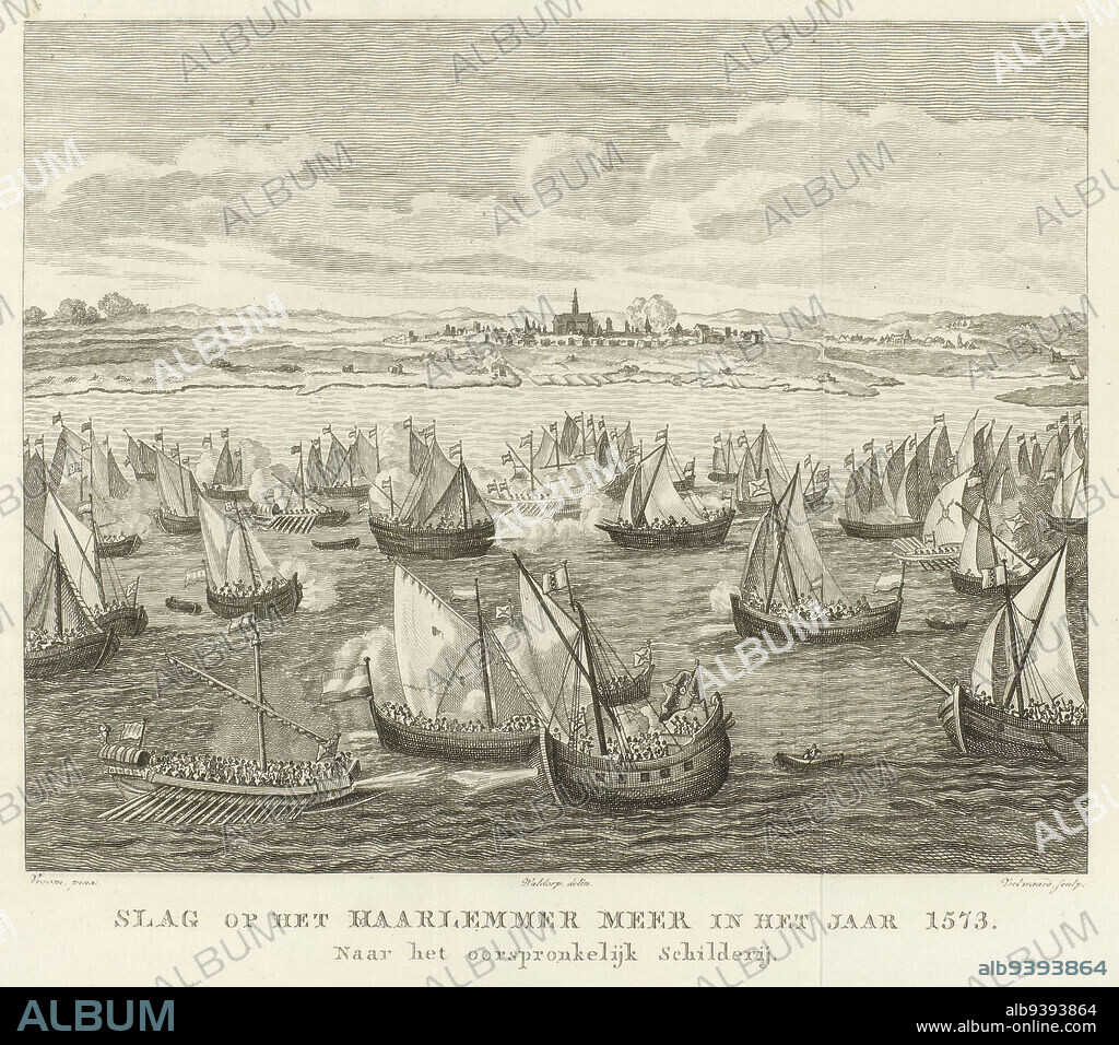 Battle on the Haarlemmermeer, 1573, Slag on the Haarlemmer Meer in the year 1573 (title on object), The Spaniards defeat the Geuzen fleet on the Haarlemmermeer on May 26, 1573. Battle between Dutch and Spanish ships and galleys on the Haarlemmermeer in an unsuccessful attempt to depose Haarlem. In the background the profile of the city of Haarlem, where an explosion is taking place. After the original painting by Vroom., print maker: Daniël Veelwaard (I) (mentioned on object), print maker: Daniël Veelwaard (II) (mentioned on object), Netherlands, 1806 - 1808, paper, etching, height 208 mm × width 240 mm.