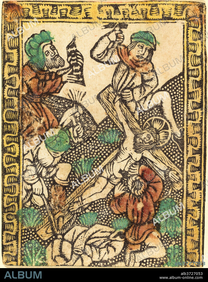 GERMAN 15TH CENTURY. Christ Nailed to the Cross. Dated: c. 1470/1480. Medium: metalcut, hand-colored in yellow, red-brown lake, and green.