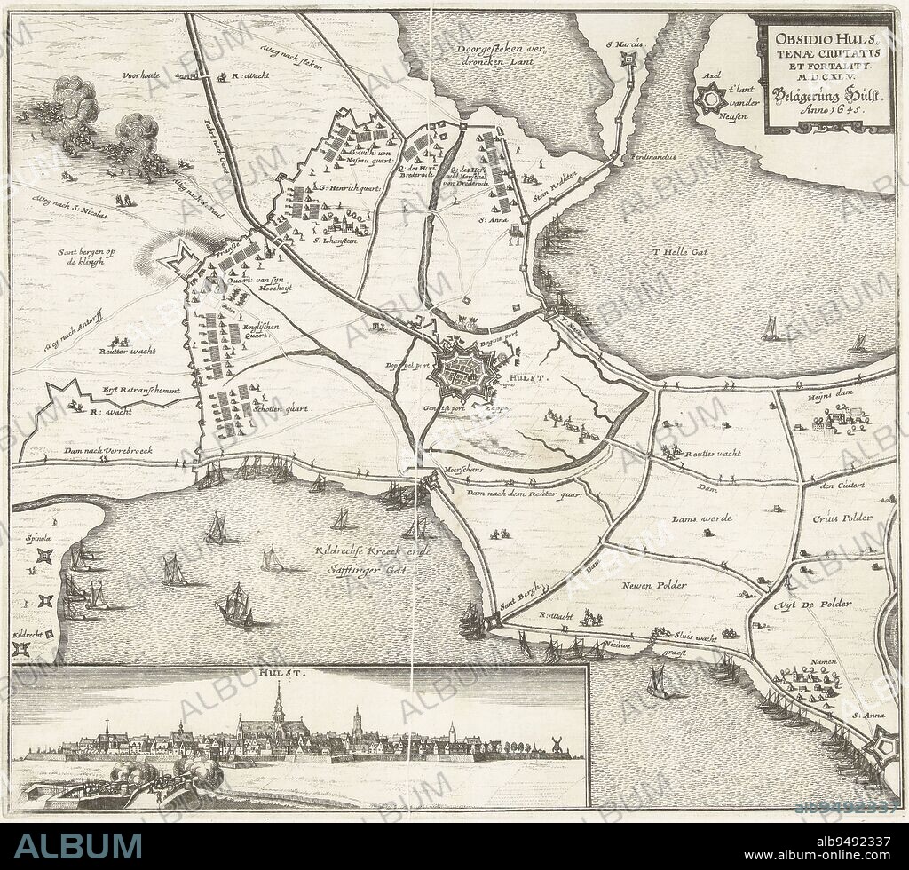 Siege and capture of Hulst by the State army under Frederick Henry from September 28 to November 5, 1645 Plan of the city of Hulst and the surrounding country with the encirclement and army camps of the besiegers Bottom left a profile of the city, Beleg van Hulst, 1645 Obsidio Hulstenae Civitatis et Fortality MDCXLV Belgerung Hulst Anno 1645 , print maker: anonymous, Germany, 1645, paper, etching, h 280 mm × w 311 mm.
