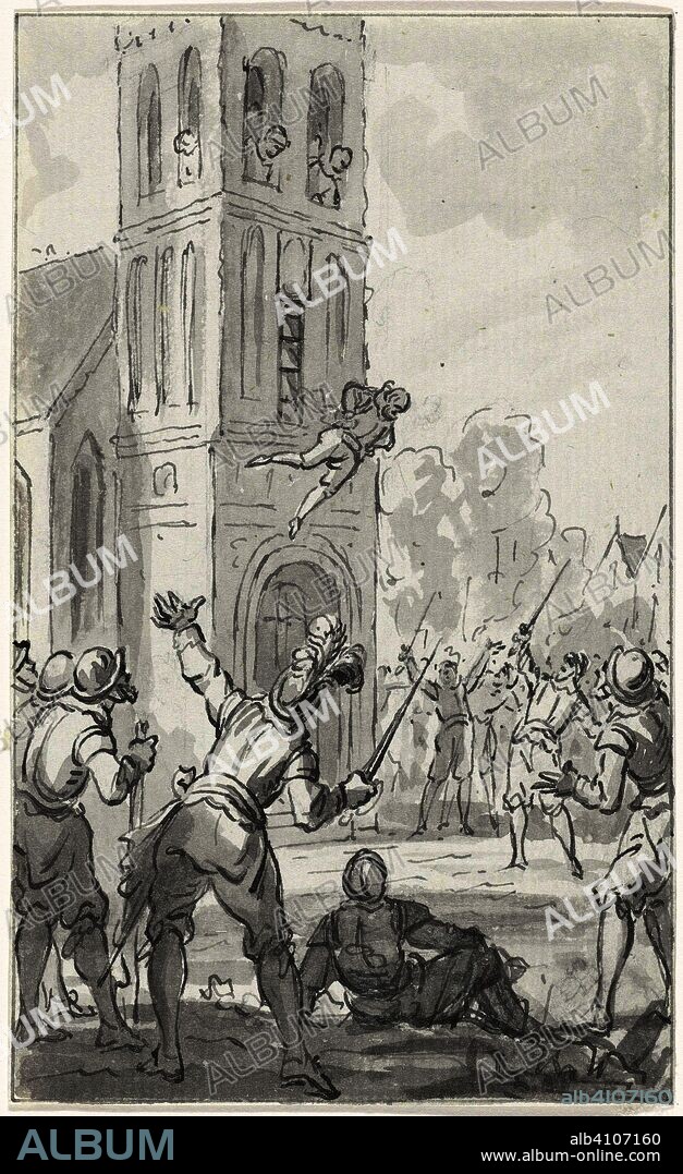Jan van Schaffelaar jumps from the tower in Barneveld, July 16, 1482. Draughtsman: Jacobus Buys. Dating: 1790 - 1792. Measurements: h 150 mm × w 90 mm.