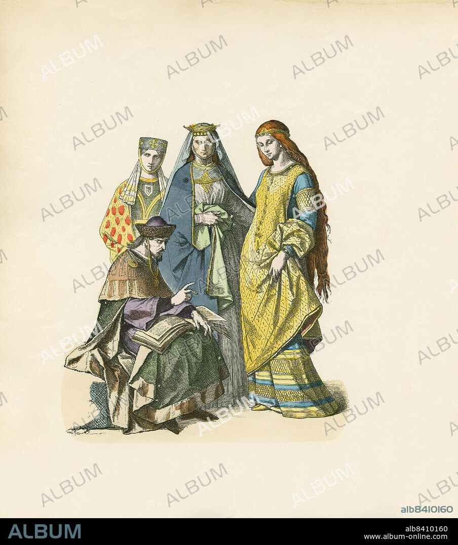 German Prince and German Ladies, 13th Century, Illustration, The History of Costume, Braun & Schneider, Munich, Germany, 1861-1880.