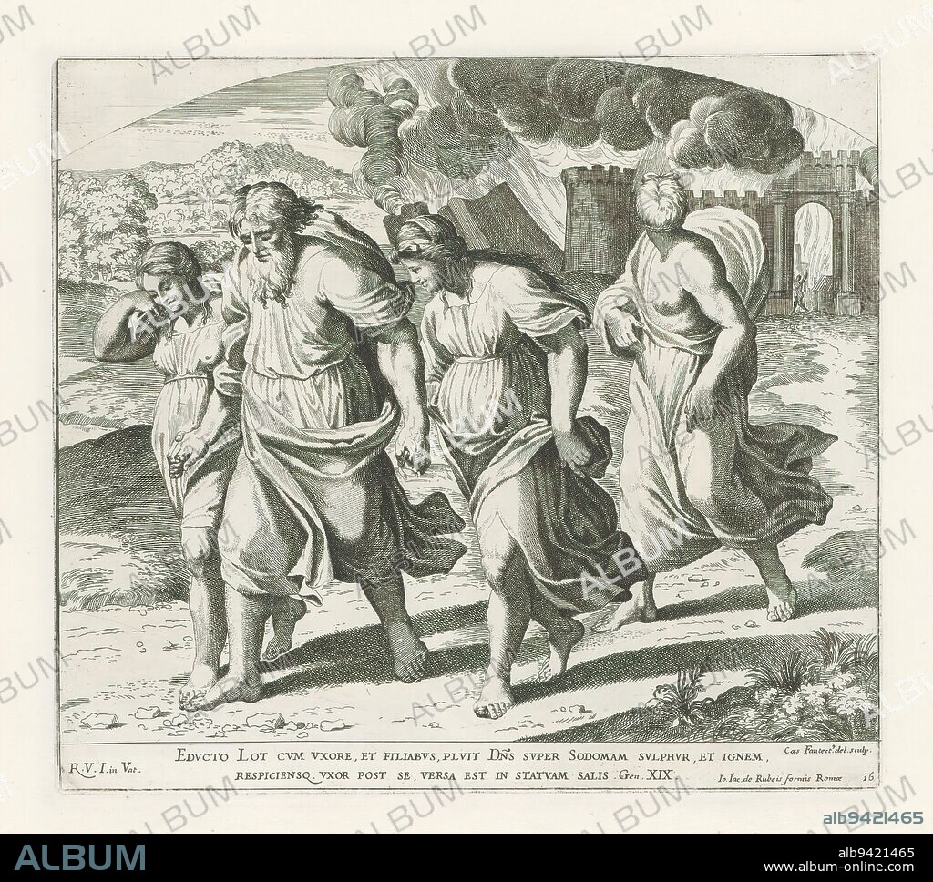 Lot leaves Sodom with his wife and daughters, Raphael Bible (series title), Paintings in Raphael's Loggia (series title), Imagines Veteris ac Novi Testamenti (series title), Lot leaves Sodom with his wife and daughters. In the background the burning city. Bible verse below the image. Print is part of an album., print maker: Cesare Fantetti, (mentioned on object), after drawing by: Cesare Fantetti, (mentioned on object), after painting by: Rafaël, (mentioned on object), print maker: Italy, after drawing by: Italy, after painting by: Vaticaanstad, publisher: Rome, Vaticaanstad, 1675, paper, etching, height 234 mm × width 263 mm.