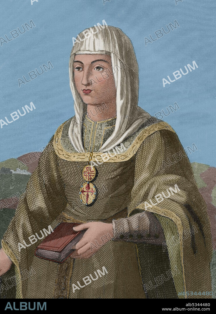ANTONIO ROCA SALLENT (1813-1864). SPANISH ENGRAVER.. Joanna of Castile (known as Joanna the Mad) (1479-1555). Queen of Castile (1504-1555) and Aragon (from 1516), daughter of the Catholic Monarchs. Wife of Philip the Handsome. Portrait. Engraving by Antonio Roca Sallent. Las Glorias Nacionales, 1853. Later colouration.