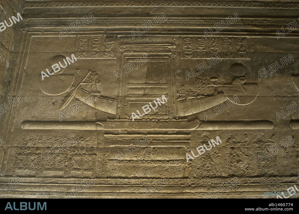 Egyptian Art. Dendera. Hathor Temple. Relief depicting the Horu's boat.