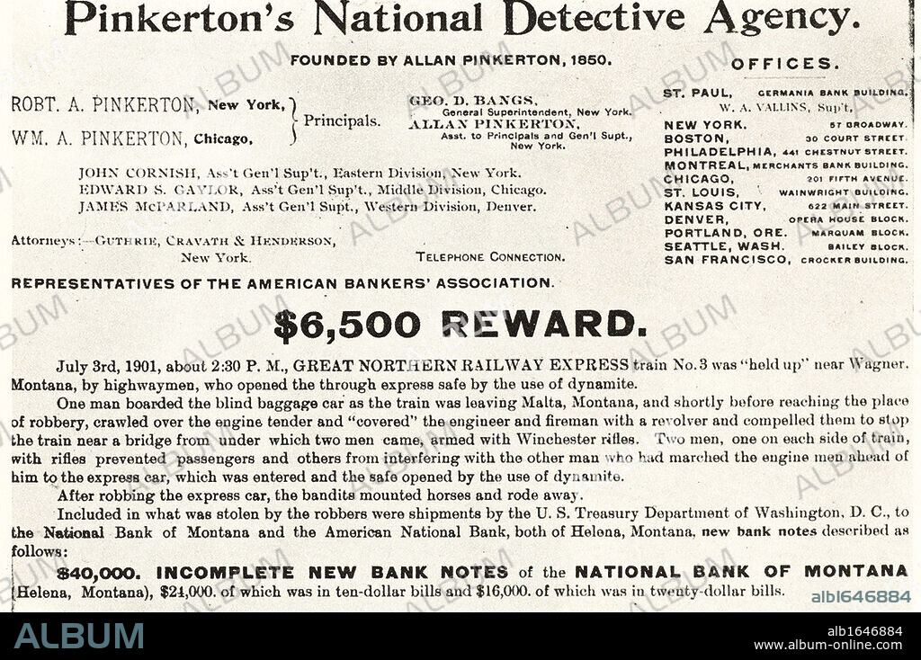 Pinkerton's National Detective Agency, American private detective and security guard agency founded by Alfred Pinkerton in 1850. $6,500 reward notice published by Pinkerton's in 1901 in respect of a train robbery on the Great Northern Railway Express.