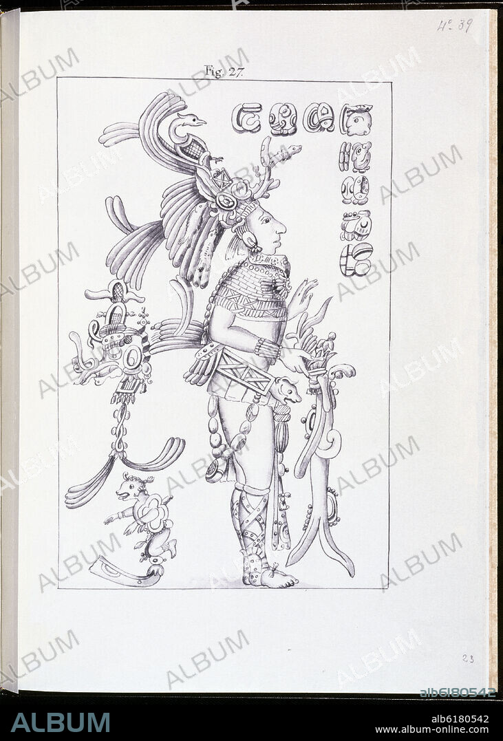 RICARDO ALMENDARIZ (S XVII). DIBUJO- BAJORRELIEVE DE LAS PILASTRAS INTERIORES DEL TEMPLO DE LA CRUZ - PALENQUE - 1789.