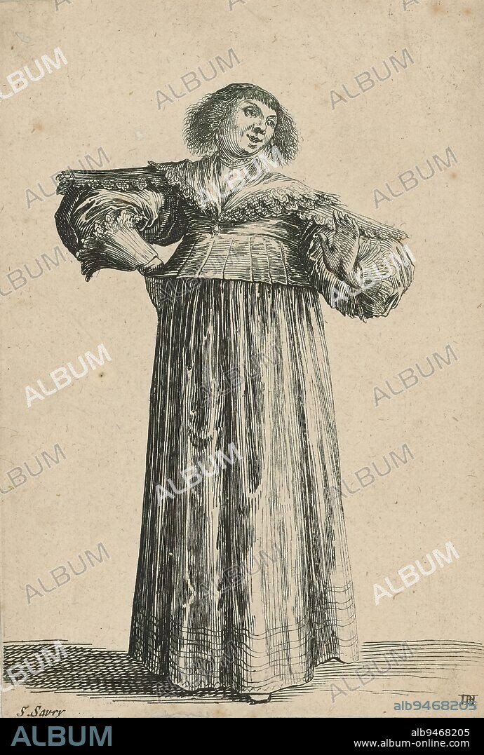 Woman dressed according to fashion about 1620, Woman, fashionably dressed according to fashion about 1620, standing, seen from the front, right hand in side, left raised., print maker: Salomon Savery, after drawing by: Dirck Hals, c. 1620, paper, etching, height 150 mm × width 106 mm.
