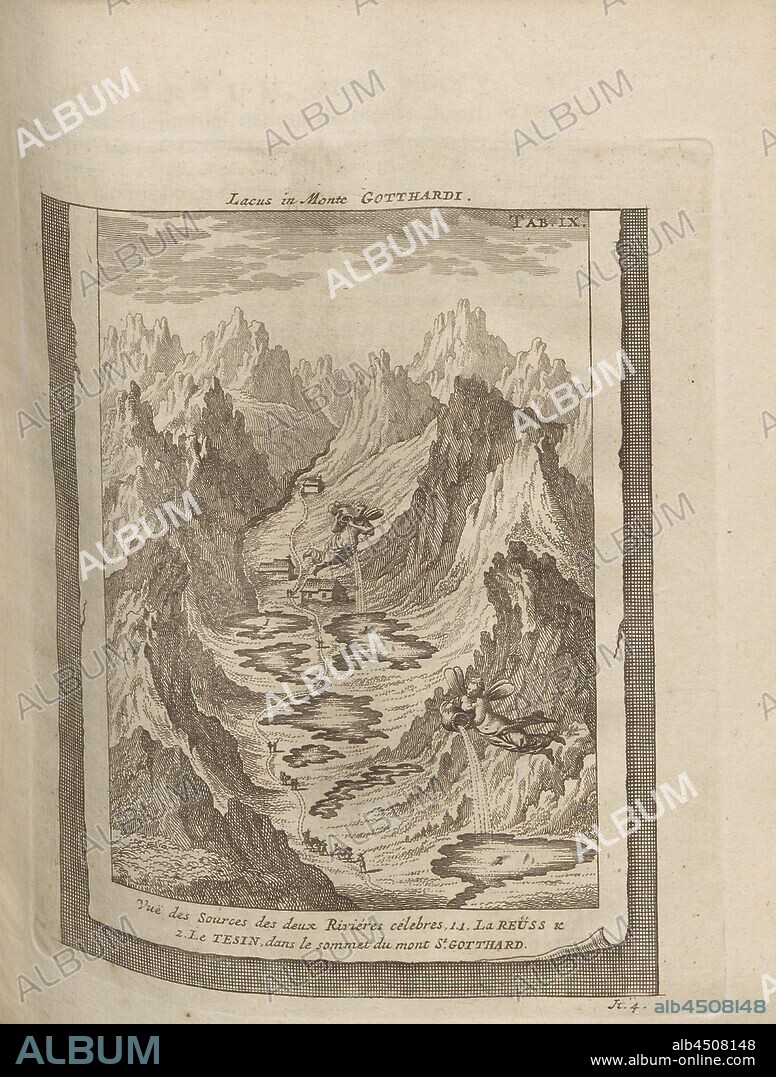 Lacus in Monte Gotthardi, Representation of the source of Reuss and Ticino on the summit of the St. Gotthard, Tab. 9 (Iter 4), after p. 260, 1723, Johann Jakob Scheuchzer: Ouresiphoites Helveticus, sive, itinera per Helvetiae alpinas regiones facta annis MDCCII, MDCIII, MDCCIV, MDCCV, MDCCVI, MDCCVII, MDCCIX, MDCCX, MDCCXI (...). Lugduni Batavorum [Leiden]: typis ac sumptibus Petri van der Aa, MDCCXXIII [1723].