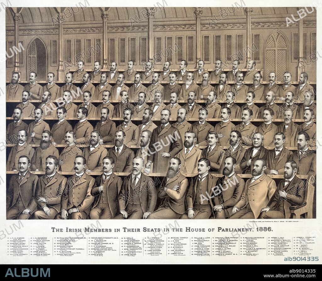 Irish members in their seats in the House of Parliament; 1886 from back to front; 1. Alexander Blane; 2. J.D. Sheehan; 3. Sir Joseph N. M'Kenna; 4. Donal Sullivan; 5. Patrick O'Hea; 6. Dr. Fox; 7. Joseph Nolan; 8. Edw. Harrington; 9. J.F. Smithwick; 10. William O'Brien; 11. E. Mulhallen Marum; 12. Thomas O'Hanlon; 13. James Leahy; 14. P.J. Foley; 15. J.F.X. O'Brien; 16. J.L. Carew; 17. John Finucane; 18. J. O'Connor; Lord Mayor; 19. Dr. Andrew Commins; 20. Edward Shiel; 21. James E. O'Doherty; 22. Michael Conway; 23. P. M'Donald; 24. Laurence Connolly; 25. Henry J. Gill; 26. Kevin Izod O'Doherty; M.D.; 27. Bernard Kelly; 28. John Stack; 29. Luke Hayden; 30. John Deasy; 31. Jas. Gilhooly; 32. David Sheehy; 33. D. Crilly; 34. J.R. Cox; 35. Bernard C. Molloy; 36. Jasper D. Pyne; 37. Matthew Harris; 38. Colonel J.P. Nolan; 39. Richard Power; 40. Jeremiah Jordon; 41. W.J. Reynolds; 42. M.J. Kenny; 43. William Corbett; 44. P.J. Power; 45. Garrett Byrne; 46. Edmond Leamy; 47. Thomas Mayne; 48. Charles Tanner; M.D.; 49. J.E. Redmond; 50. Henry Campbell; 51. James C. Flynn; 52. John Barry; 53. Charles Stewart Parnell; standing at center; 54. W.M. Murphy; 55. John O'Connor; 56. P.J. O'Brien; 57. P.A. Chance; 58. Thomas P. Gill; 59. Thomas Condon; 60. James Tuite; 61. William J. Lane; 62. Richard Lalor; 63. James J. O'Kelly; 64. John J. Clancy; 65. William Abraham; 66. Justin M'Carthy; 67. Thomas Sexton; 68. William H.K. Redmond; 69. J.F. Small; 70. Joseph G. Biggar; 71. T.P. O'Connor; 72. Timothy M. Healy; 73. John Dillon; 74. Alderman John Hooper; 75. Arthur O'Connor; 76. Sir Thos. Grattan Esmonde; Bt.; 77. Joseph E. Kenny; M.D.; 78. T.D. Sullivan; 79. J.H. M'Carthy; 80. T. Harrington; 81. Edmund Dwyer Gray; 82. Maurice Healy.