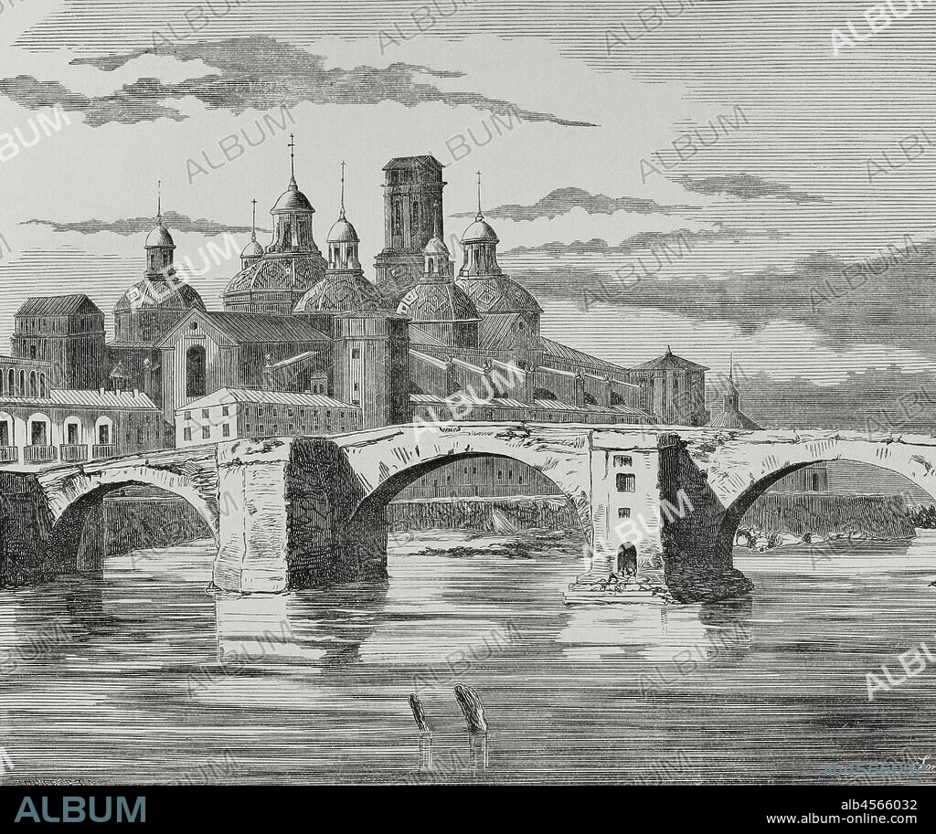 España. Aragón. Zaragoza. Vista exterior del templo del Pilar. Dibujo por Vicente Urrabieta. Grabado por Soriano. Crónica General de España, Historia Ilustrada y Descriptiva de sus Provincias. Aragón, 1866. Biblioteca Histórico Militar de Barcelona, Cataluña, España.