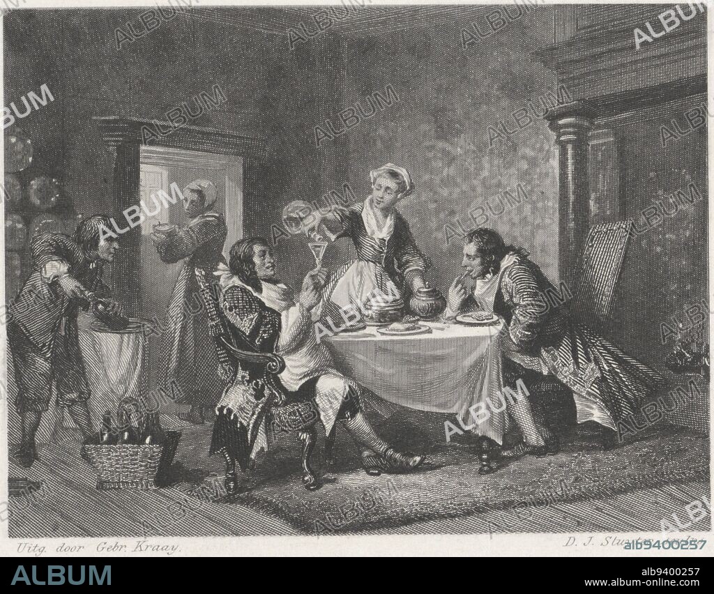 The Rich Table, Dirk Jurriaan Sluyter, after Herman Frederik Carel ten Kate, 1867 - 1875, Two men are eating at a richly filled table. A servant fills the glass of one of them. A man uncorks a bottle of wine. At his feet is a basket filled with more bottles., print maker: Dirk Jurriaan Sluyter, (mentioned on object), Herman Frederik Carel ten Kate, (mentioned on object), publisher: Gebroeders Kraay, (mentioned on object), Amsterdam, 1867 - 1875, paper, etching, h 114 mm × w 174 mm.
