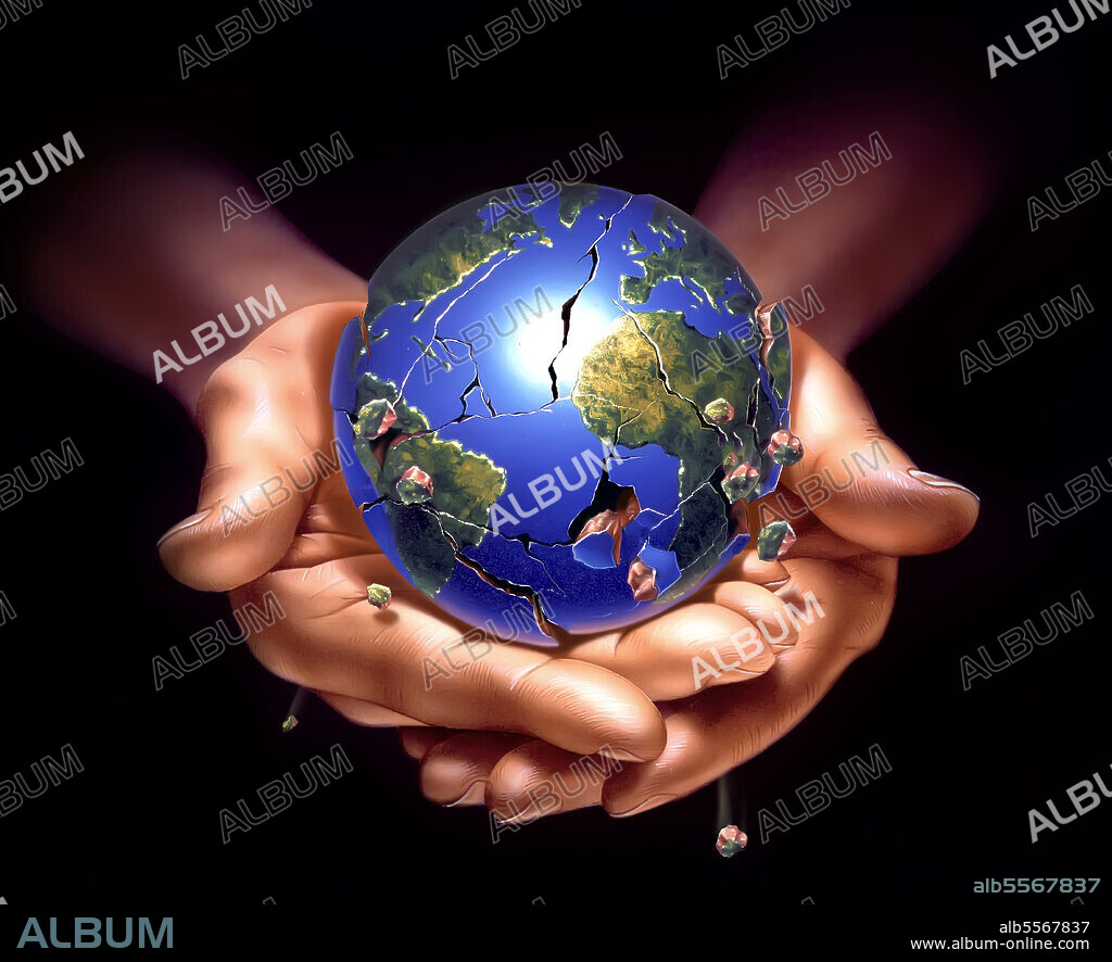 Planet Earth on human hands, breaking down and crumbling with fragments falling apart. Airbrush illustration.