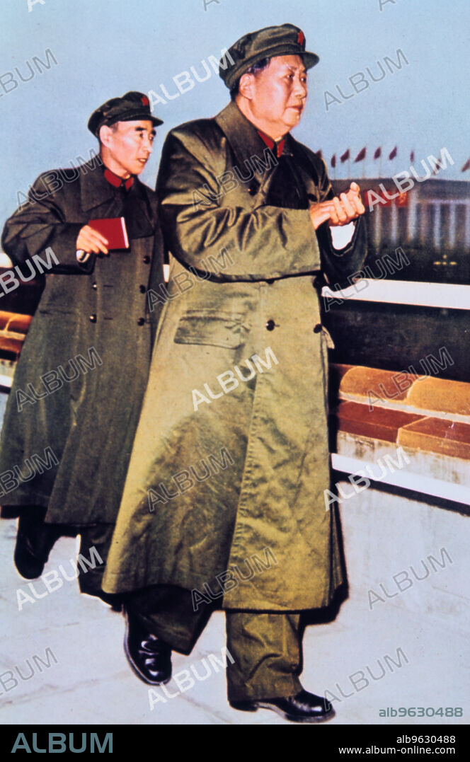 Mao Zedong and Lin Biao, China, c1966. Mao (Mao Tse-Tung) (1893-1976), Chinese Communist leader, followed by Lin Biao (1908-1971), Chinese military and political leader, who is holding a copy of the 'Little Red Book' (Quotations from Chairman Mao Zedong), which he compiled. Lin was killed in a plane crash in 1971, allegedly fleeing China after a failed coup against Mao's leadership.