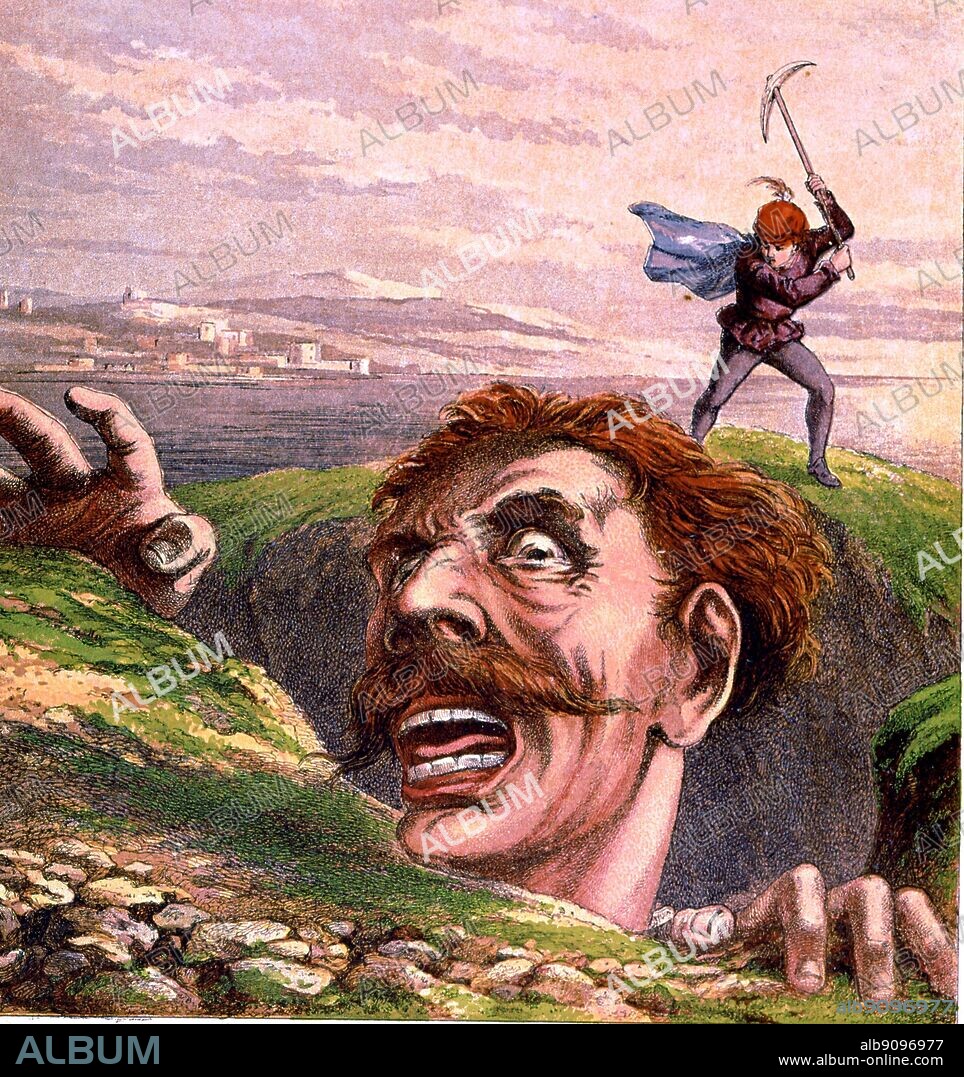 Jack dispatches the Cornish giant, from Jack the Giant Killer, 1872. The Classic Fairy Tales by Iona and Peter Opie, page 49.