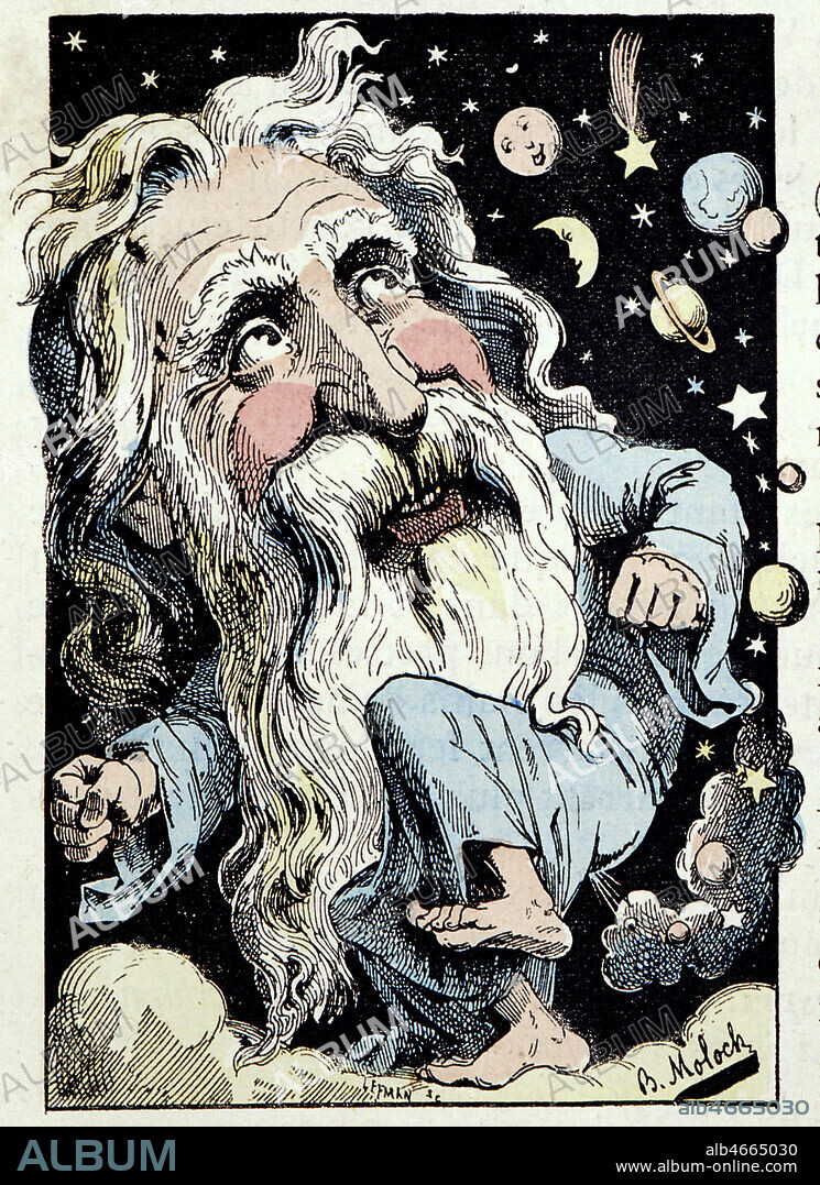 Dieu cree le cosmos en petant, Caricature de MOLOCH (1849-1909) pour Le Trombinoscope de 1882, fin 19eme siecle. Credit : Collection KHARBINE-TAPABOR.