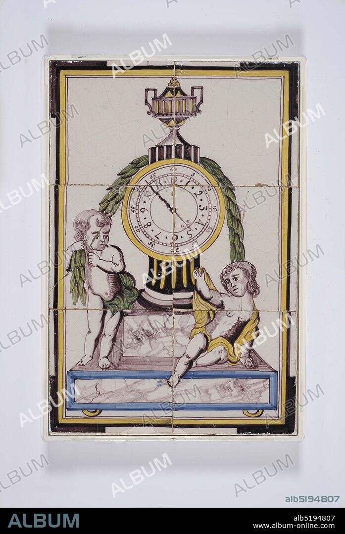 tile panel, Anonymous, 18th century, tin glaze, earthenware, With frame: 40.8 x 28.2 x 33cm (408 x 282 x 330mm), Tile: 38 x 25.3 x 0.8cm (380 x 253 x 8mm), putto, clockwork, northern netherlands, Tile panel of six tiles (three by two) of earthenware covered with tin glaze painted multicolored in blue, green, yellow and purple with purple pull. The tile tableau depicts a column mantle clock in a classic style. The mantel clock has a rectangular base with a column with flutes on it. On it a round dial with Arabic numerals surrounded by a laurel wreath. The column is terminated by a fluted urn with two angled ears. On the mantel clock two putti are depicted, one standing and one sitting. The whole is framed by a rectangular border of stripes with purple right angles as corner motif, 1985.