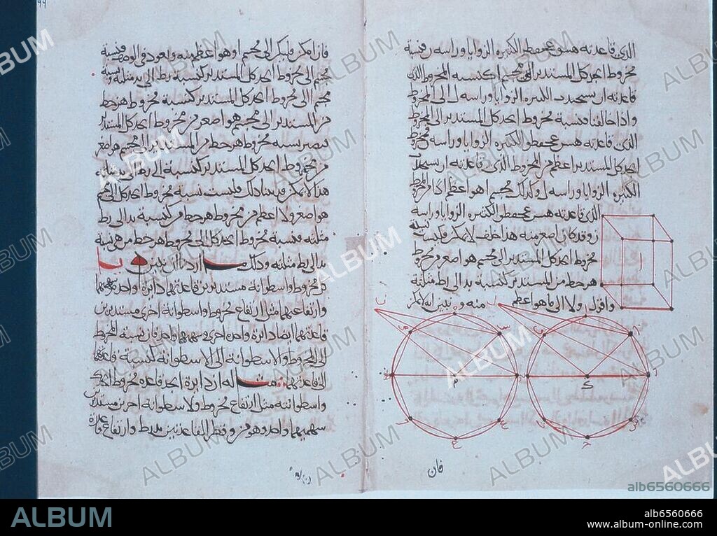 Euklid / Eukleides; griechischer Mathematiker; um 360-um 280 v.Chr. / Werke: Stoicheia (Die Elemente; um 325 v.Chr.).-Doppelseite aus einer arabischen Übersetzung der Elemente des Euklid.-/ Handschrift, 1188. Fol.195 b und 196 a,.