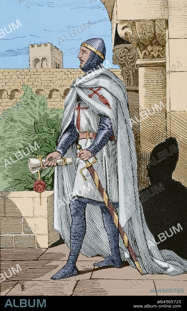 Caballero de la Orden de Santiago. Grabado. "Museo Militar del Ejército Español", Tomo I. Evaristo Ullastres Editor. Barcelona, 1883. Coloreado.