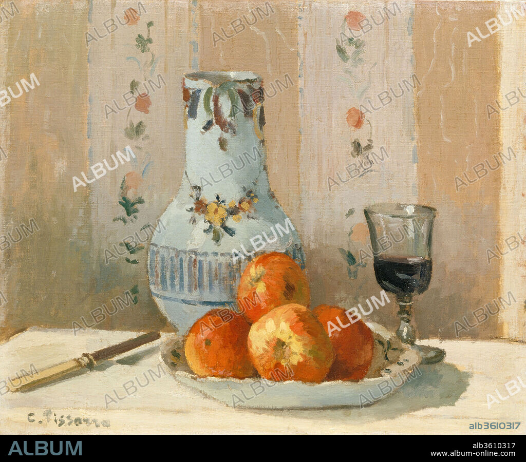 Still Life with Apples and Pitcher. Artist: Camille Pissarro (French, Charlotte Amalie, Saint Thomas 1830-1903 Paris). Dimensions: 18 1/4 x 22 1/4 in. (46.4 x 56.5 cm). Date: 1872.
Unlike Monet, Renoir, Cézanne, and other artists in his circle, Pissarro painted few still lifes, most late in his career. This work of 1872 is, therefore, exceptional for its subject, as well as for its clearly expressed forms and subtle manipulation of light. There is only one other comparable painting by the artist, <i>Apples and Pears in a Round Basket</i> of the same year (private collection), which is identical in size and setting to the present canvas, featuring the same floral-patterned wallpaper in the background.