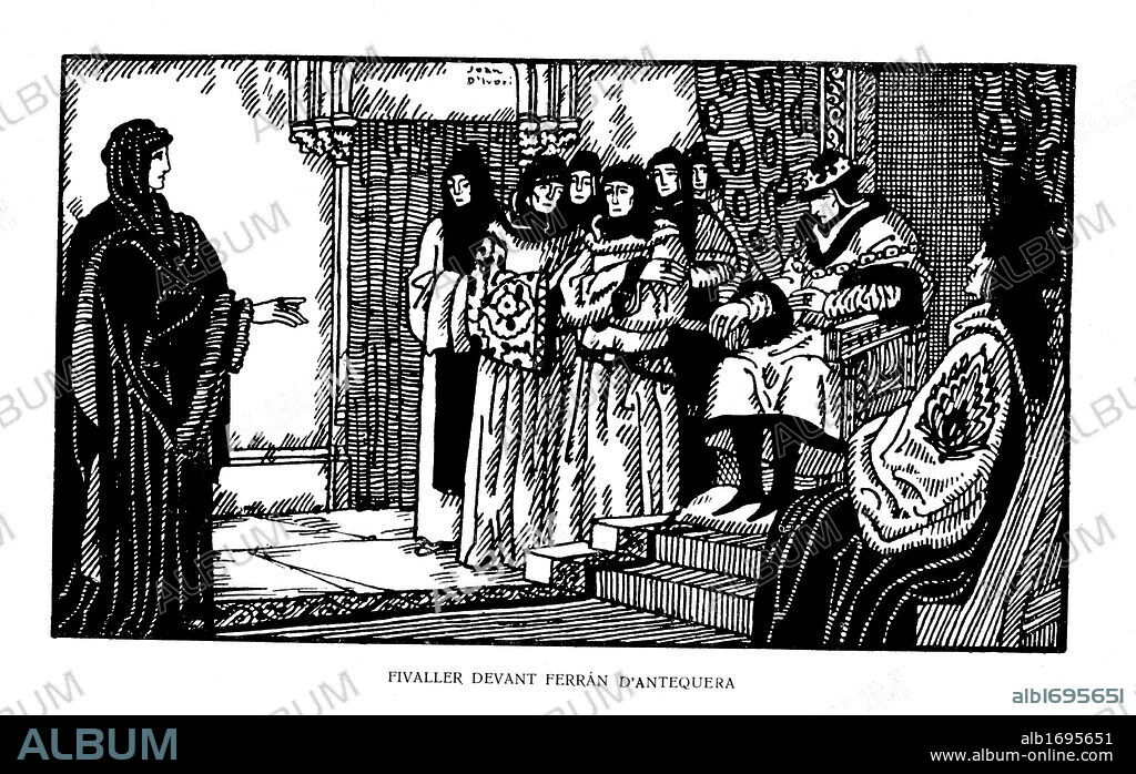 Joan Fivaller, cabeza visible del movimiento conocido como "pactismo catalán", ante el rey Fernando de Antequera en 1413. Historia popular de Catalunya, de Alfons Roure. Editada en Barcelona, 1919. Dibujo de Joan Vila i Pujol (Joan d'Ivori) (Barcelona, 1890-1947).