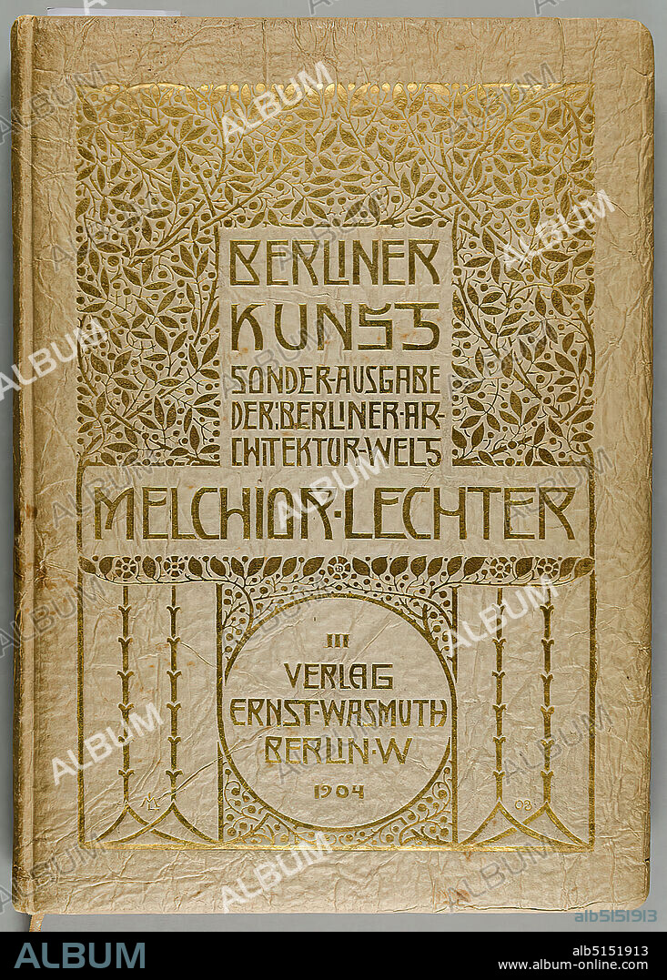 Wasmuth-Verlag, Melchior Lechter, Berliner Kunst, designed by Melchior Lechter, paper, cardboard, letterpress, autotype, line etching, total (book cover): height: 30 cm; width: 22 cm, book decoration, ornaments, interior decoration (of a house), plant ornaments, bay windows, art nouveau, The catalog Berliner Kunst was designed by Melchior Lechter, under whose direction this work was printed by Julius Sittenfeld in Berlin in November-December 1903 and January 1904. The car types and line etchings were supplied by Carl Schütte in Berlin, the four-color prints by Dr. E. Albert u. Co. The text about Lechter was written by Maximilian Rapsilber. The book is bound with a cover of lined cardboard with rich gold overprint.