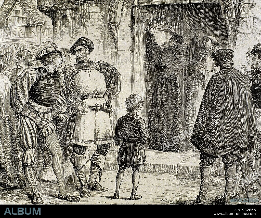 LUTERO, Martin Luther, llamado (Eisleben, 1483-Eisleben, 1546). Reformador alemán. Doctor en Teología y sacerdote agustino. En 1517 expuso las tesis principales del luteranismo en Wittenberg. Fue excomulgado en 1520. "LUTERO FIJANDO SUS TESIS EN LA PUERTA DE LA CAPILLA DEL CASTILLO DE WITTEMBERG, EN LAS QUE NEGABA LA AUTORIDAD DEL PAPA". Grabado del año 1880.