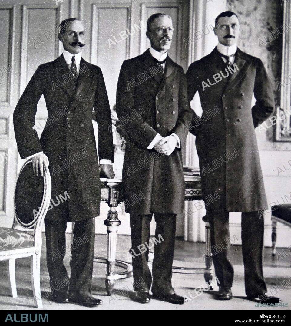 Their Majesties King Haakon VII of Norway, King Gustav V of Sweden, and King Christian X of Denmark, meeting in Stockholm, Sweden circa 1923.
