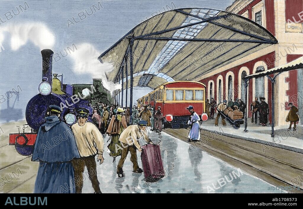 ESTACION DE CORDOBA: "LLEGADA DE UN TREN DE VIAJEROS PROCEDENTE DE MADRID". Andalucía. España. Grabado coloreado de "La Ilustración Española y Americana" (año 1893) .