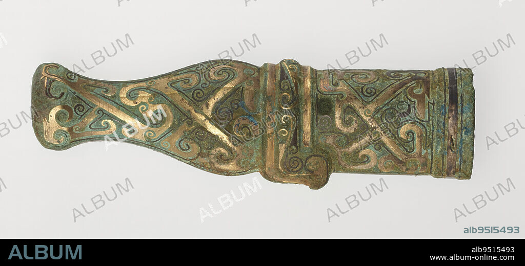 Butt cap for spear haft, 5th-4th century BCE, 5 1/4 × 1 9/16 × 1 in., 0.4 lb. (13.34 × 3.97 × 2.54 cm, 0.2 kg)1 5/16 × 1 in. (3.33 × 2.54 cm) (object part, open end), Bronze inlaid with gold, China, 5th-4th century BCE.