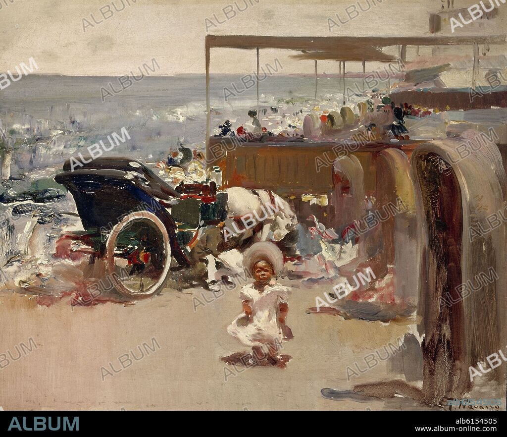 JOSE NAVARRO LLORENS (1867-1923). COCHE DE CABALLOS Y NIÑO EN LA PLAYA - 1908-1912 - O/L - 29x35 CM.