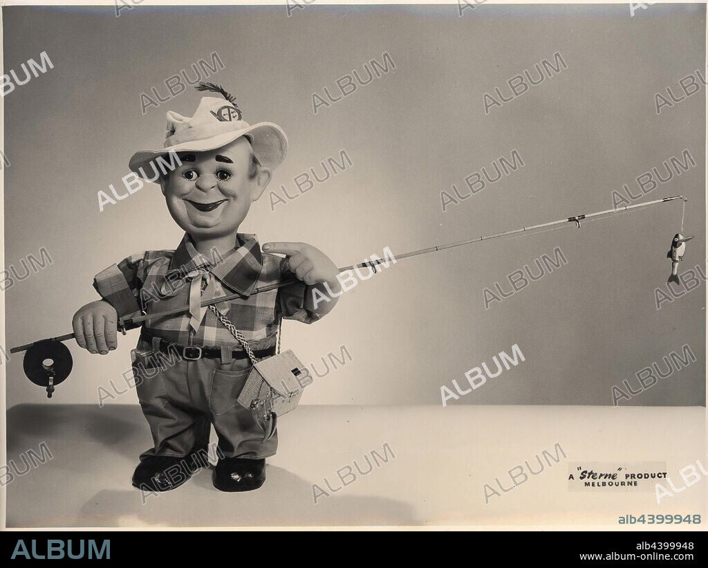 Photograph - L. J. Sterne Doll Co., 'Henry the Silent Salesman' Doll, Fisherman, Melbourne, circa 1950, Black and white photograph of 'Henry the Silent Salesman' Doll. The fisherman version of these animated display figures was displayed in sports stores. This photograph relates to products and promotions of the L.J. Sterne Doll Company (1939-1971), a Melbourne doll and toy manufacturer founded by Austrian migrants Leo and Hilda Sterne.